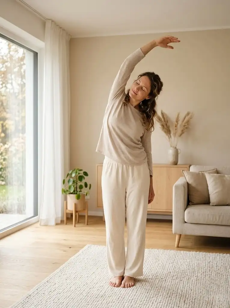 Person doing a simple home stretch as part of a stress relief daily routine