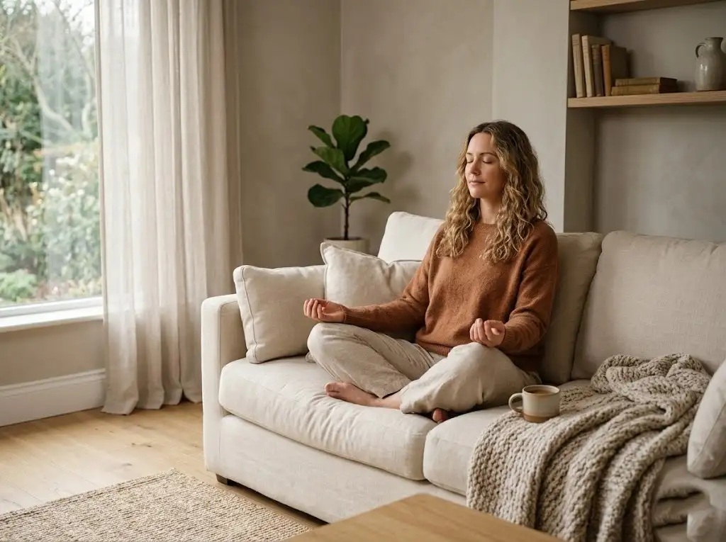 Adult meditating quietly on a comfortable sofa at home for stress relief