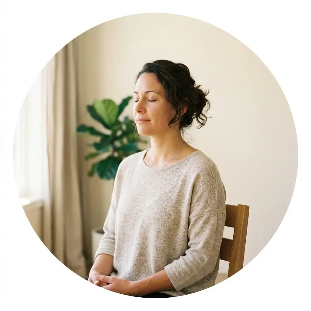 Adult person calmly reflecting on stress triggers in a peaceful indoor environment