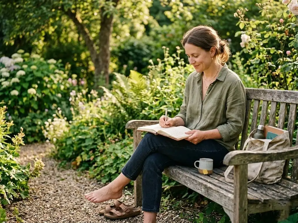 Adult practicing gratitude journaling outdoors in natural light for mental wellness