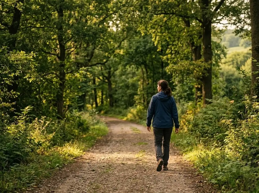 Adult taking a peaceful nature walk in a green park for stress relief