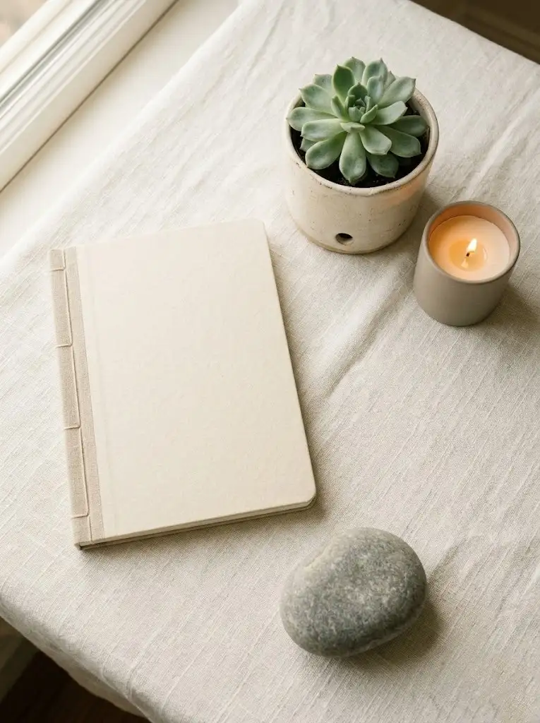 Calming wellness items including journal and candle representing a stress-free space