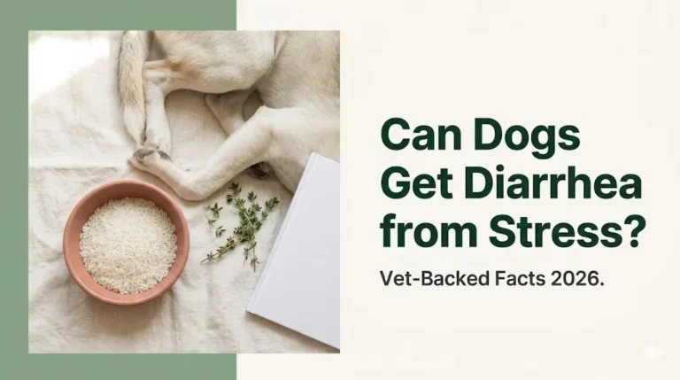Can dogs get diarrhea from stress calm dog with bland diet items and vet guide text overlay on cream background.