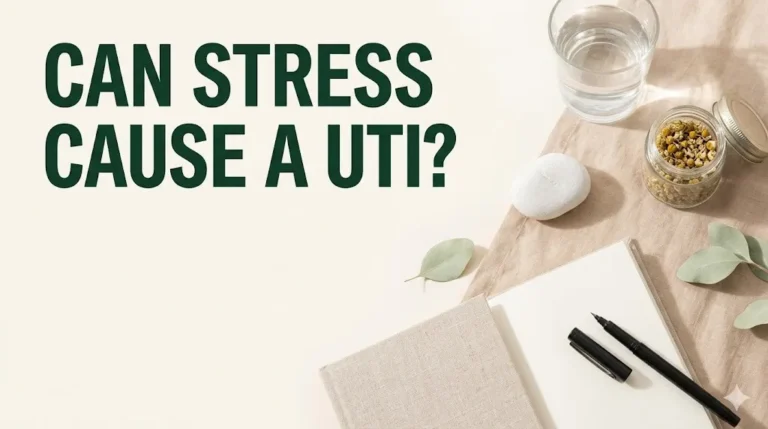 Can stress cause a UTI shown as headline over a calm flat-lay of water, chamomile, and a journal on cream linen.