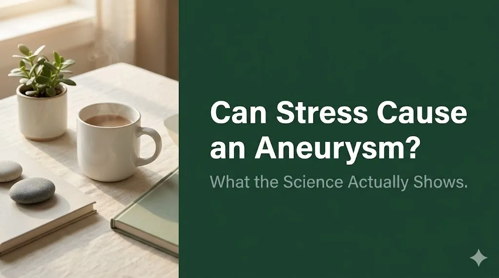 Can stress cause an aneurysm wellness editorial banner with journal, plant, and mug on linen background