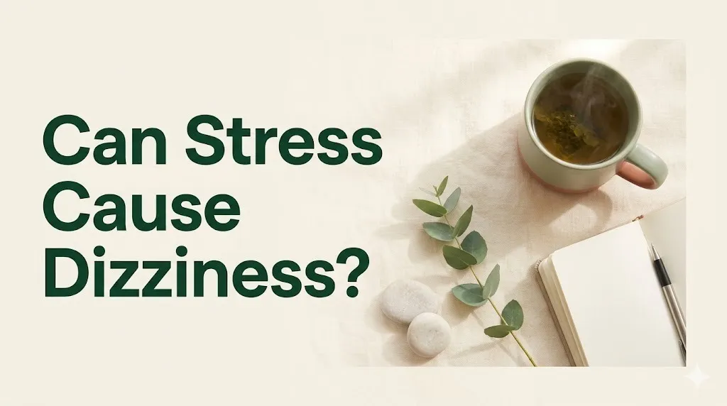 Can stress cause dizziness concept calm wellness flat-lay with herbal tea, journal, and eucalyptus on cream background.