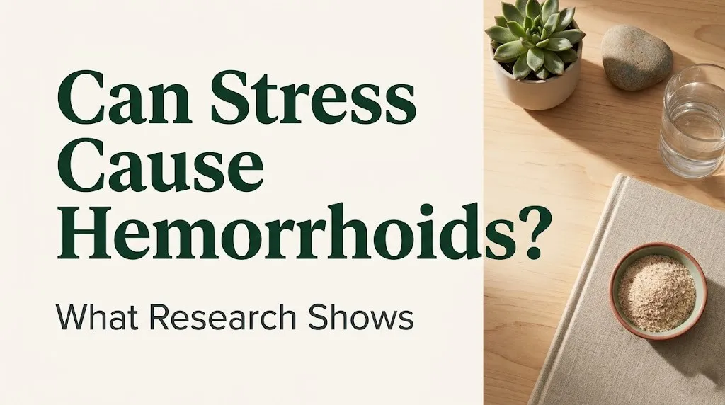 Can stress cause hemorrhoids graphic showing wellness items and research-based headline on cream background