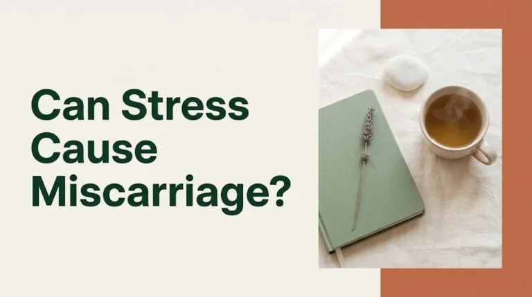 Can stress cause miscarriage article banner with wellness items on a calm cream background