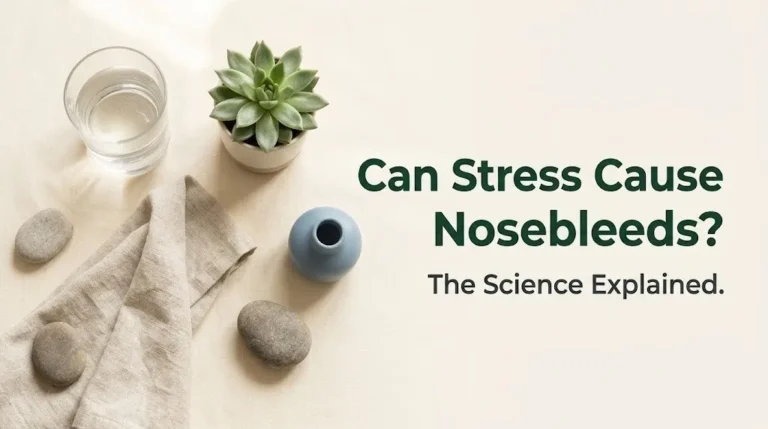Can stress cause nosebleeds flat-lay wellness composition with green plant, stones, and water on cream background