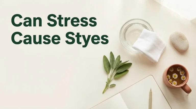 Can stress cause styes hero banner with warm compress, journal, and calming botanicals on cream background.