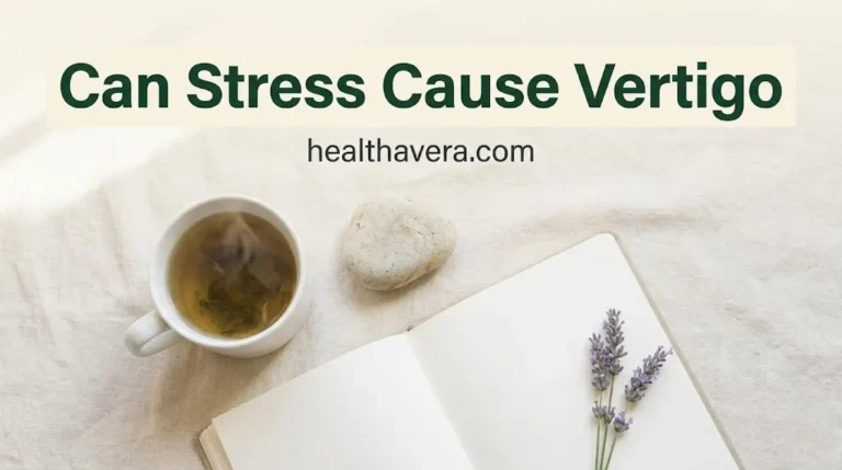 Can stress cause vertigo — calm wellness flat-lay with herbal tea, journal, and lavender on linen background