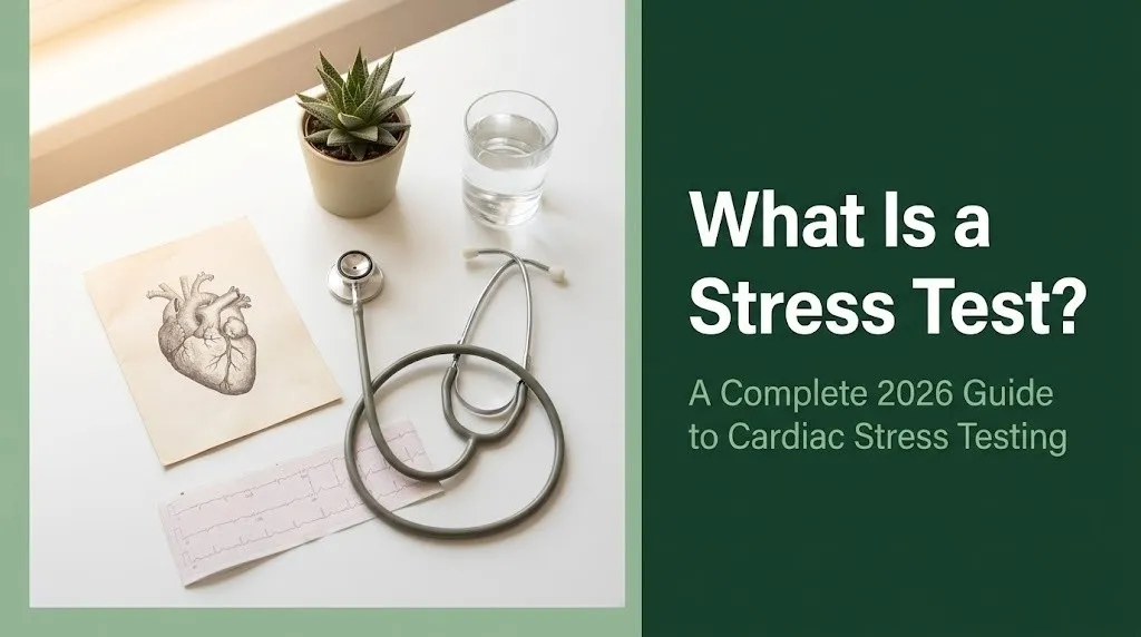 Cardiac stress test explainer hero image showing ECG printout and stethoscope flat lay with bold What Is a Stress Test headline text
