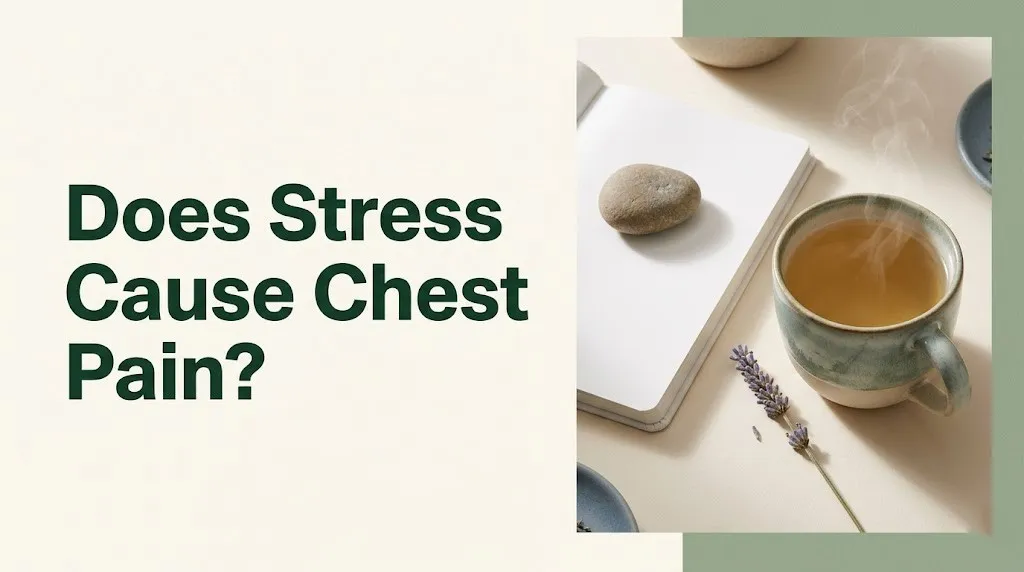 Does stress cause chest pain hero banner with calm herbal tea and journal flat-lay on cream background