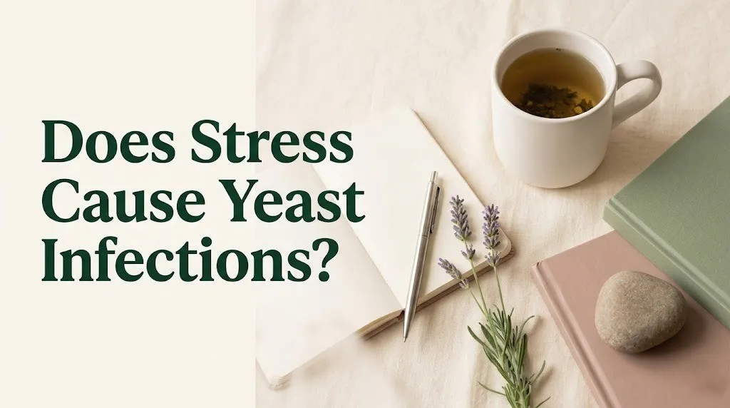 Does stress cause yeast infections concept image with calming herbal tea, journal, and lavender on cream background.