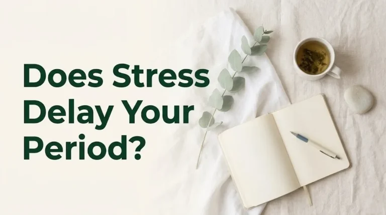 Does stress delay your period article hero banner with journal and herbal tea flat-lay on warm white linen background