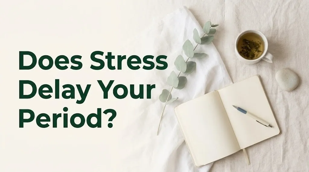 Does stress delay your period article hero banner with journal and herbal tea flat-lay on warm white linen background