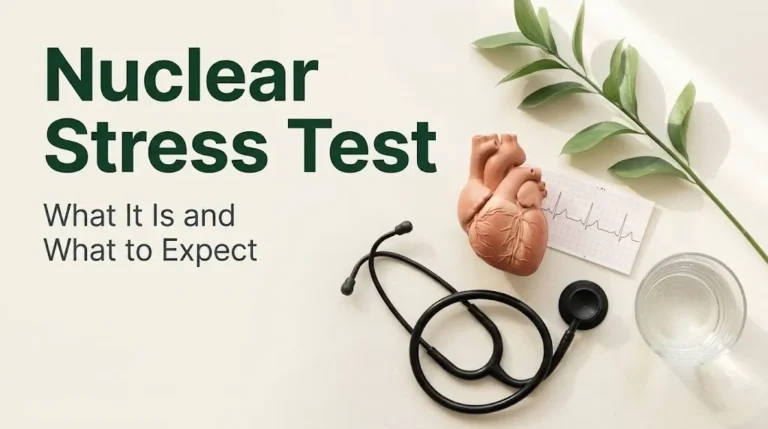 Flat-lay medical illustration with heart model and stethoscope for nuclear stress test patient guide, 2026