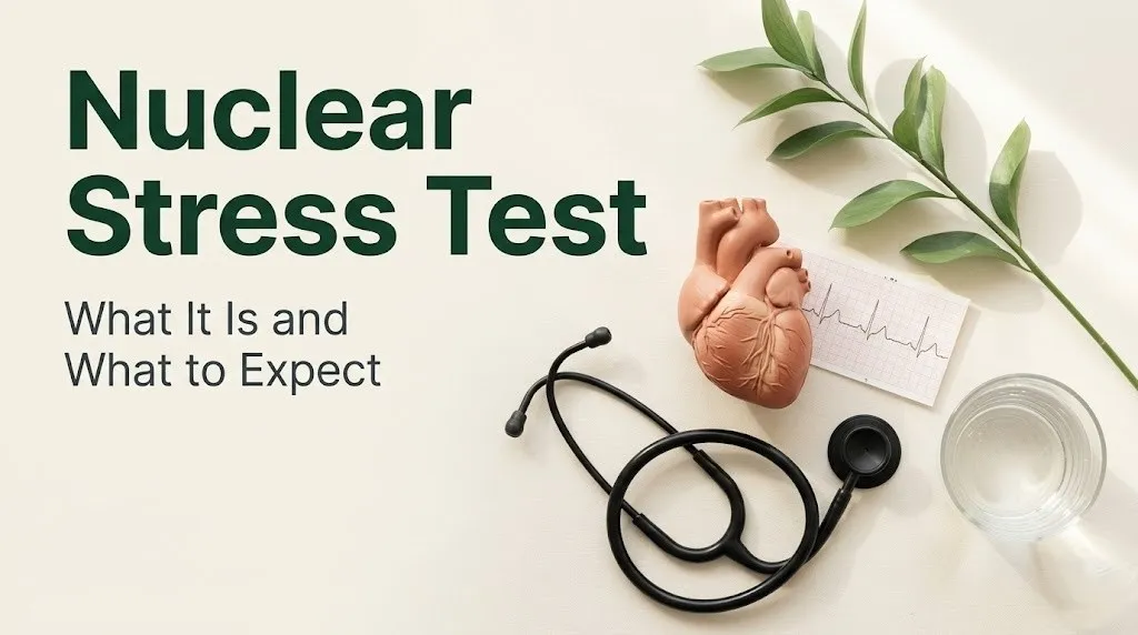 Flat-lay medical illustration with heart model and stethoscope for nuclear stress test patient guide, 2026
