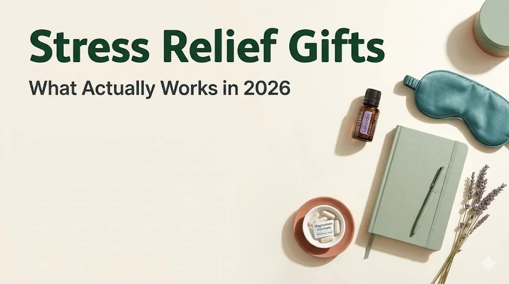 Flat-lay of stress relief gifts including lavender oil, weighted eye mask, journal, and supplements on cream background.