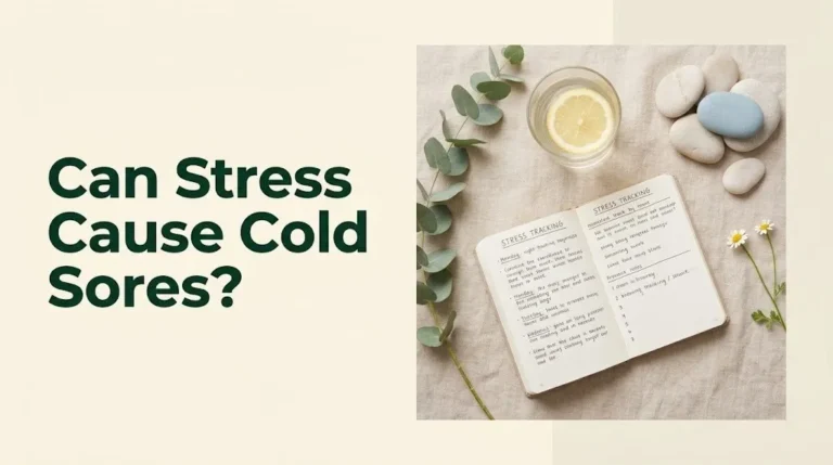 Flat-lay wellness scene with journal and herbs beside headline text reading Can Stress Cause Cold Sores on cream background.