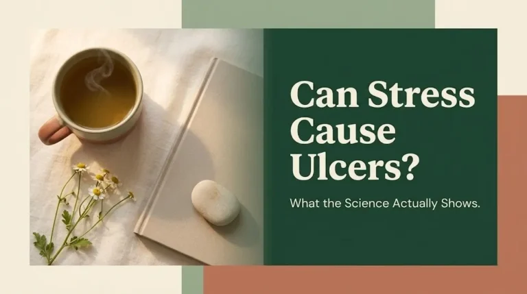 Hero banner reading Can Stress Cause Ulcers beside a calming flat-lay of herbal tea and journal on cream linen.