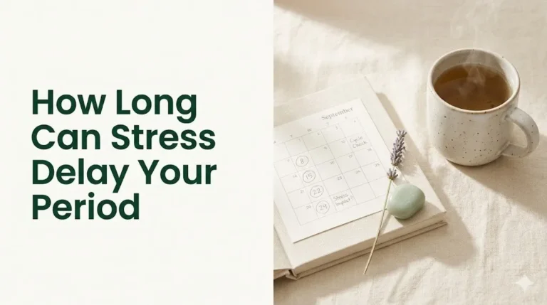 How long can stress delay your period guide with journal calendar, herbal tea, and calming wellness flat lay