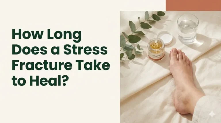 How long does a stress fracture take to heal shown on a wellness editorial banner with a foot and recovery supplements