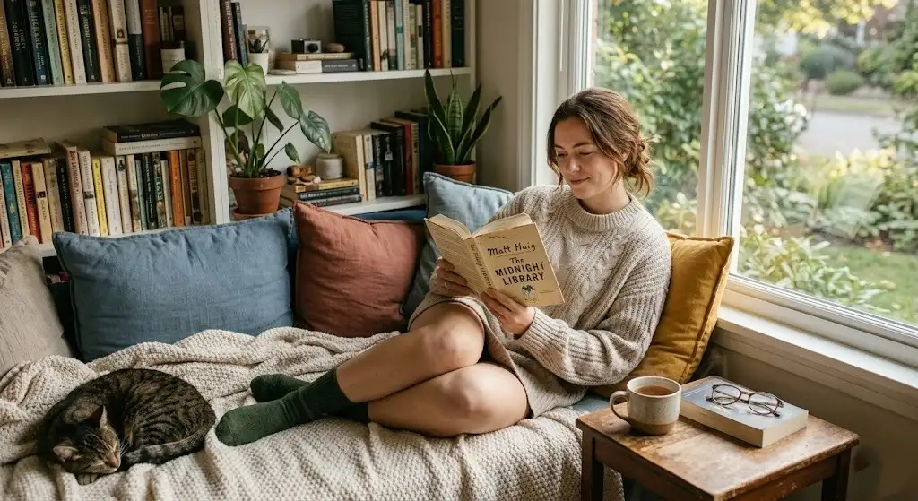 Person relaxing with a book in a cozy reading nook stress-free at home