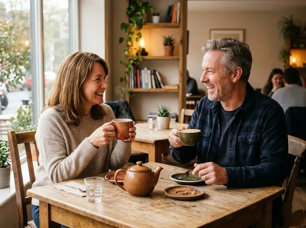 Two people talking over tea in a calm, relaxed social setting