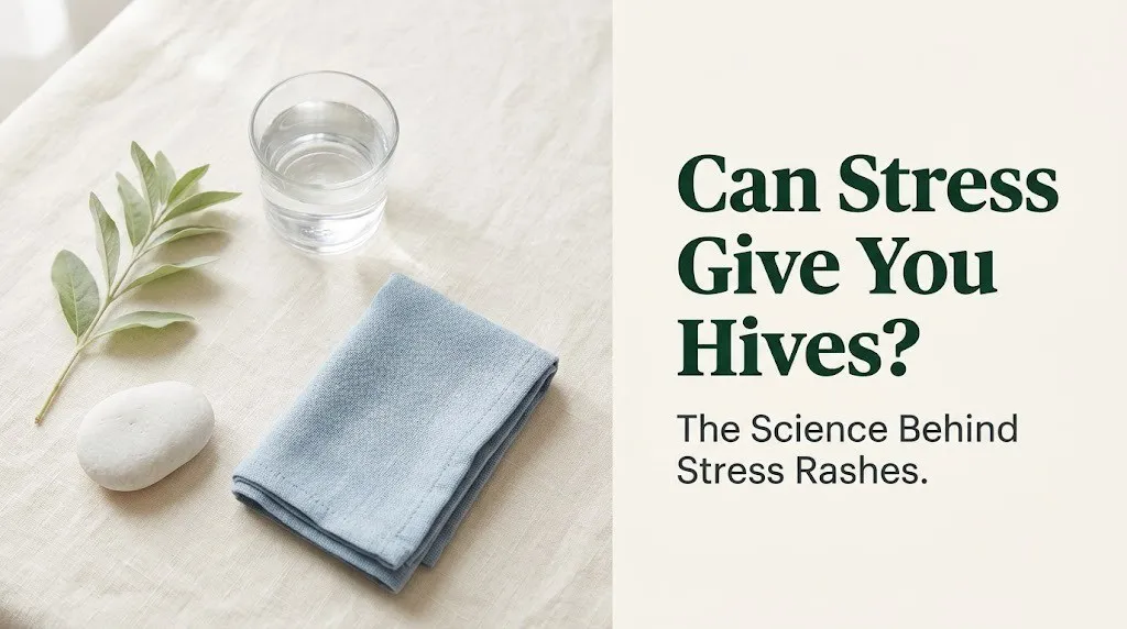 Wellness flat-lay hero image with bold text reading "Can Stress Give You Hives?" on a cream background with sage green botanicals.