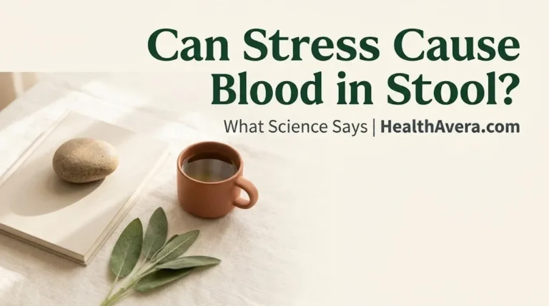 Wellness flat-lay with journal and herbal tea beside headline text reading Can Stress Cause Blood inWellness flat-lay with journal and herbal tea beside headline text reading Can Stress Cause Blood in Stool Stool