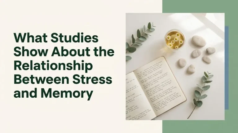 What do studies show about the relationship between stress and memory — editorial wellness flat-lay with journal and tea