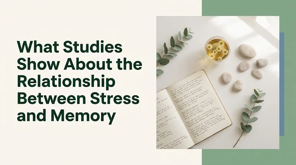What do studies show about the relationship between stress and memory — editorial wellness flat-lay with journal and tea