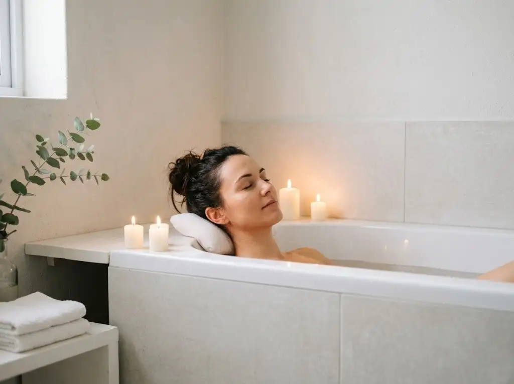 Woman enjoying a calming warm bath with candles as stress relief at home
