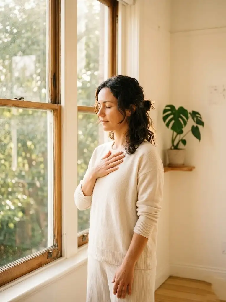 Woman taking a calming mindful break by a window to relieve daily stress