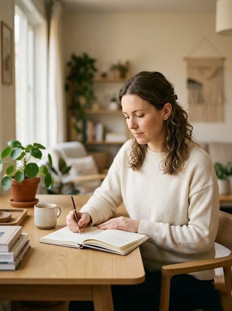 Woman using a wellness journal to track and relieve daily stress effectively