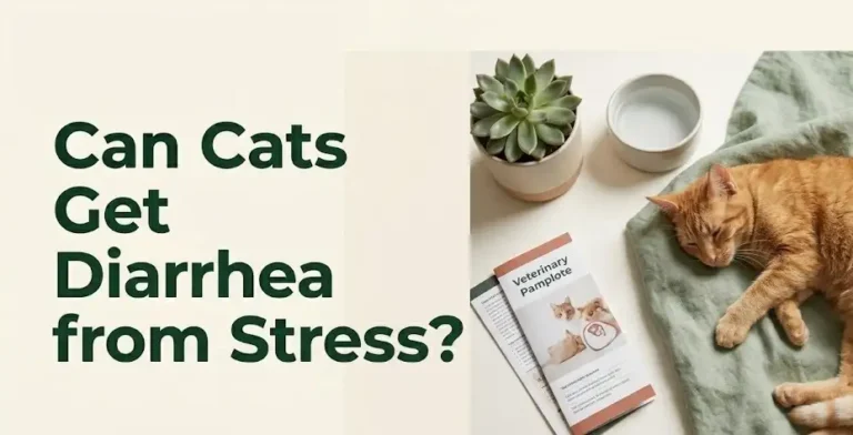 A calm cat resting on a soft blanket with the text Can Cats Get Diarrhea from Stress displayed prominently