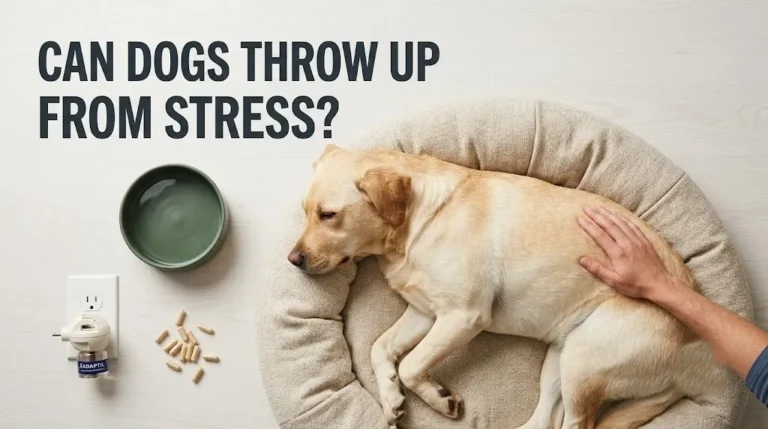 A calm dog resting on a bed next to a calming diffuser, illustrating topic can dogs throw up from stress the importance of a safe environment.