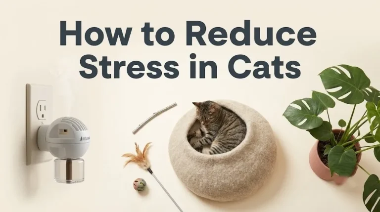 A calm sleeping cat surrounded by a pheromone diffuser, toys, and a plant, illustrating the article how to reduce stress in cats.