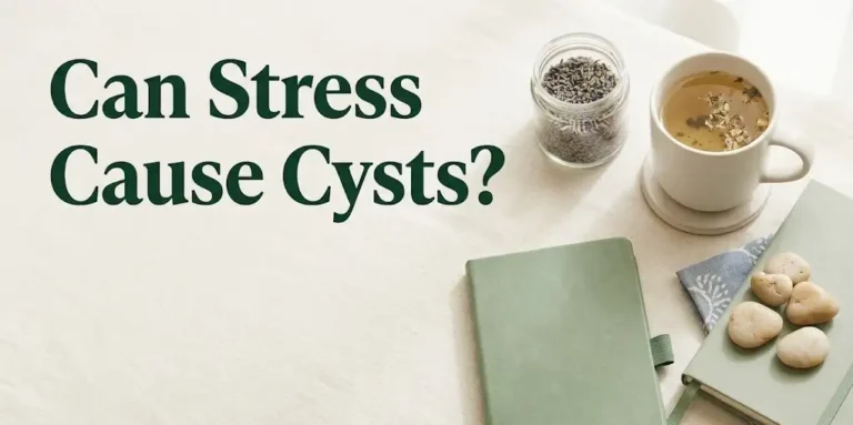 A calming wellness flat-lay with the text Can Stress Cause Cysts displayed prominently, exploring the stress-cyst connection.