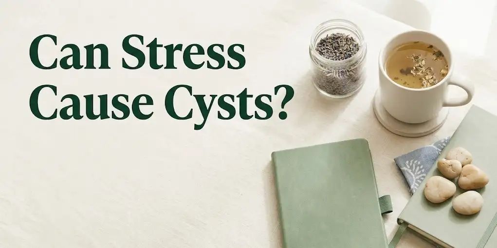 A calming wellness flat-lay with the text Can Stress Cause Cysts displayed prominently, exploring the stress-cyst connection.