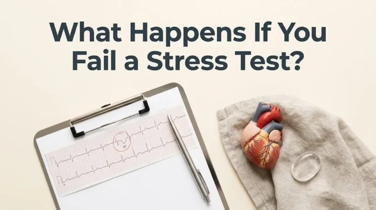 A clipboard with an annotated EKG strip and heart model on cream background, illustrating the article what happens if you fail a stress test.