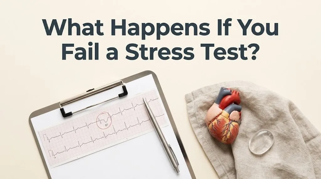 A clipboard with an annotated EKG strip and heart model on cream background, illustrating the article what happens if you fail a stress test.