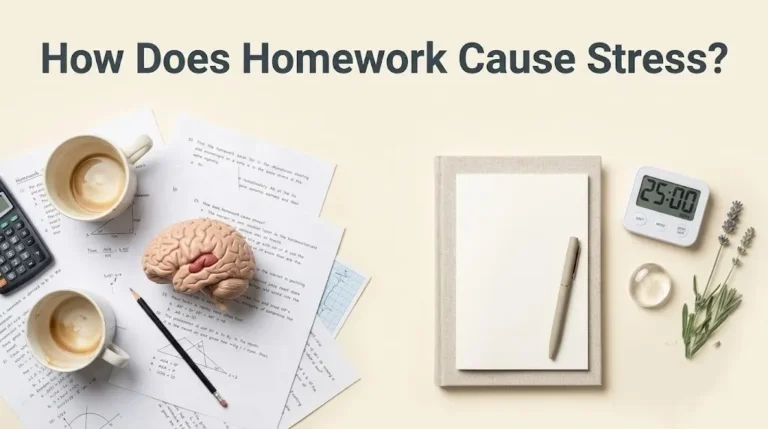 A cluttered homework desk with brain model and a timer, illustrating the article how does homework cause stress.