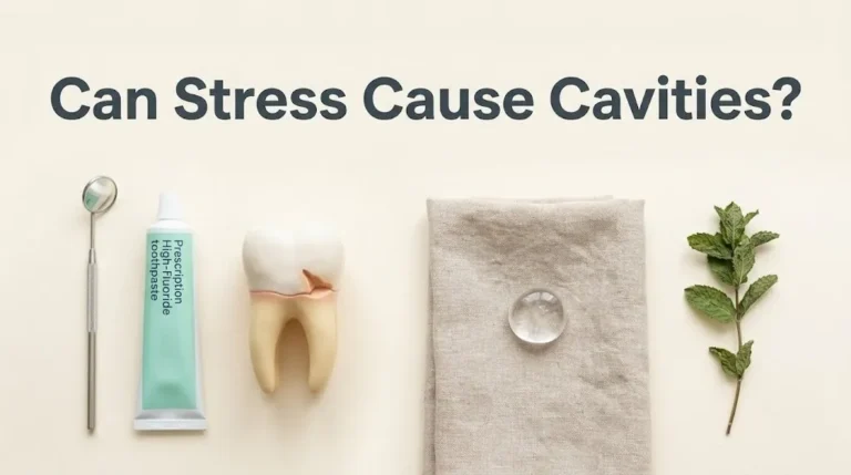 A dental mirror, fluoride toothpaste, and a tooth model with a gum line lesion on a cream background, illustrating the article can stress cause cavities.