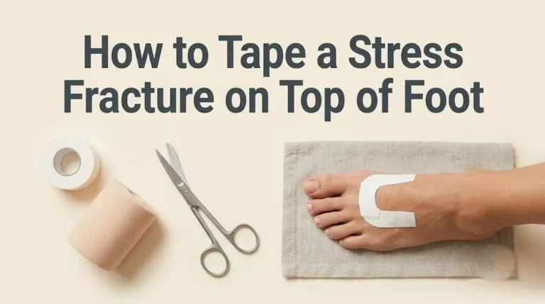 A foot with a zinc oxide tape strip across the top metatarsals and scissors, illustrating the article how to tape a stress fracture on top of foot.