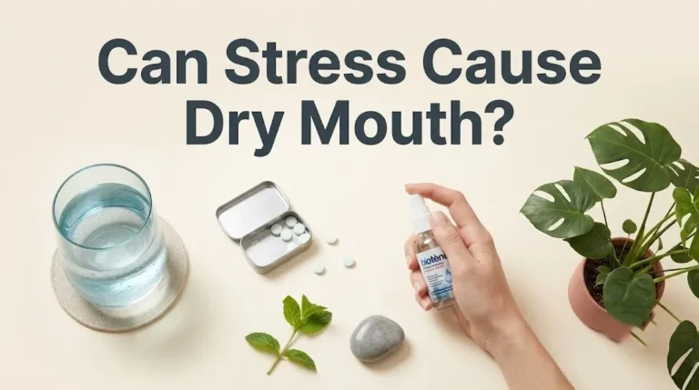 A glass of water, xylitol mints, and a mouth spray on a cream background, illustrating the question can stress cause dry mouth.