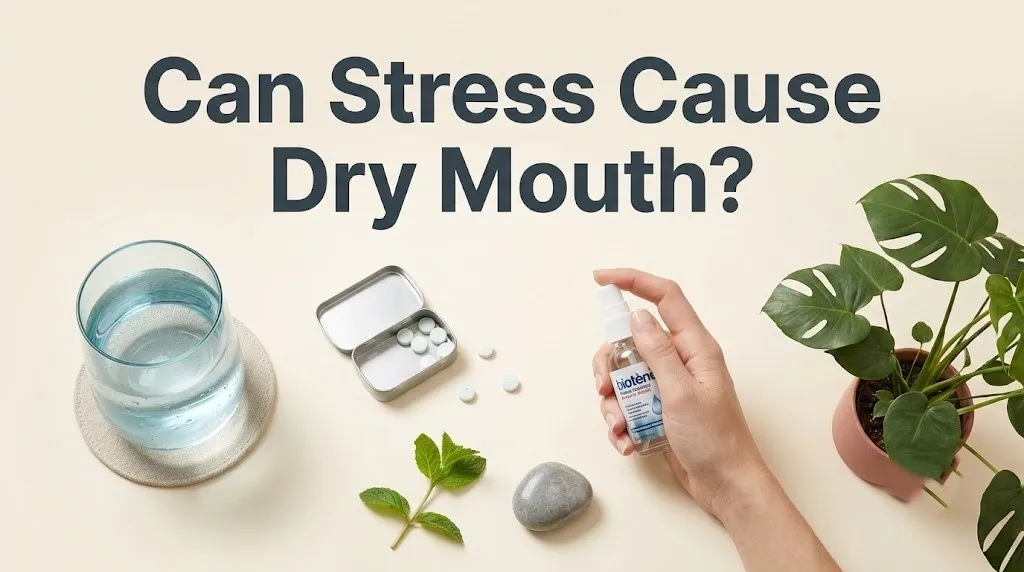 A glass of water, xylitol mints, and a mouth spray on a cream background, illustrating the question can stress cause dry mouth.