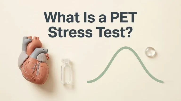 A model of a heart and a small glass vial on a cream background, illustrating the explanation of what is a pet stress test for a medical guide article.