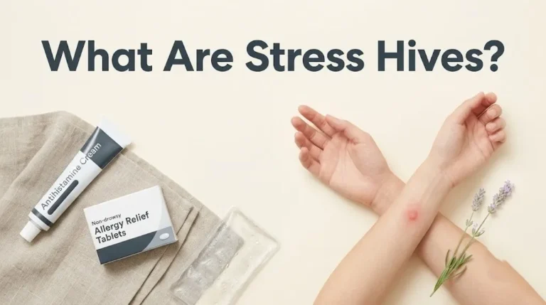 A person's forearm with a single red hive, next to antihistamine cream and a cold compress, illustrating the article what are stress hives.